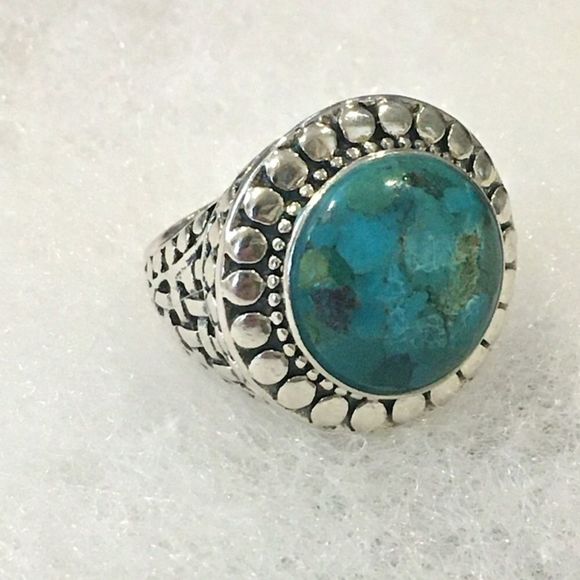 Turquoise Cabochon and Sterling Silver Basket Weave Ring Sz 7 or Sz 8 - Picture 3 of 12